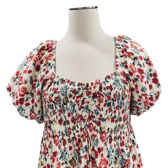 Alluv Place Floral Puff Sleeve Cottagecore Midi Dress Smocked Bodice Festival - Picture 5 of 12